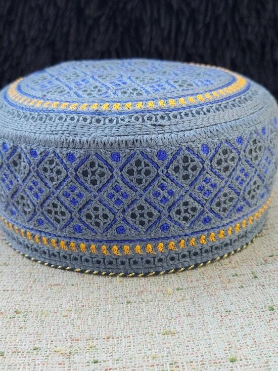 Other - Men Hat Embroidery Gray/Blue Round Topi Cap Traditional Prayer Muslim Size 55cm